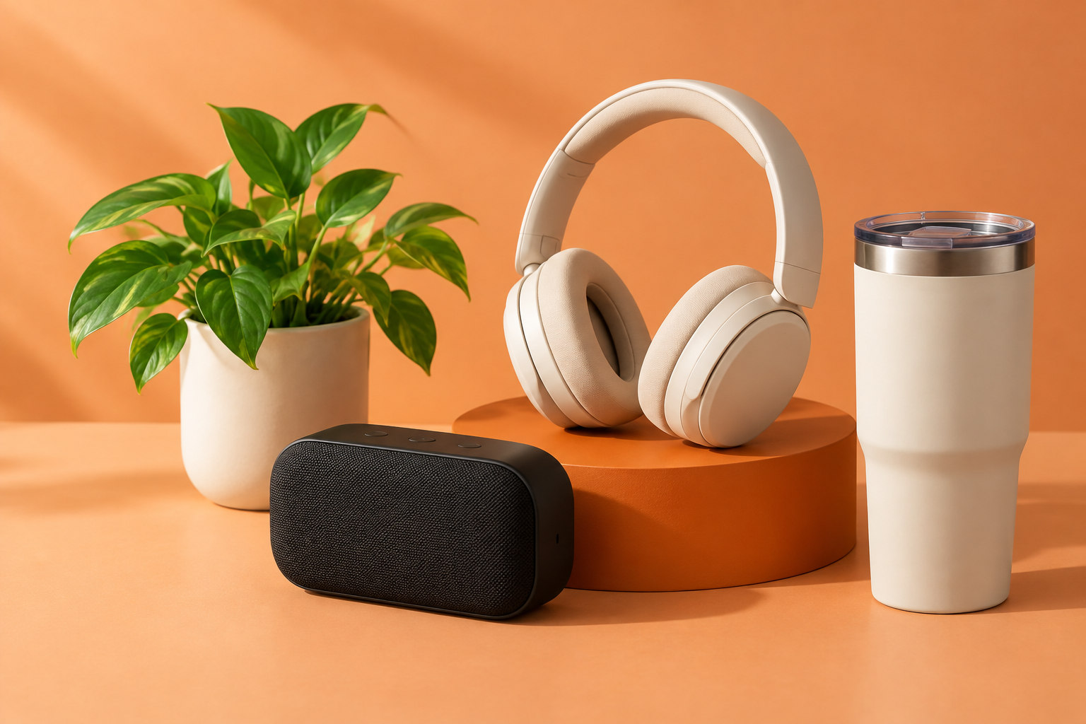 A studio still life of unbranded headphones, a speaker, a tumbler, and a small plant